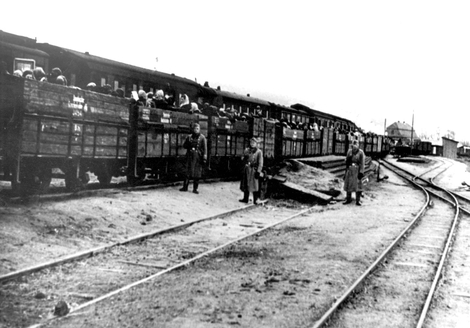 Nazi's loading railcars to Auschwitz